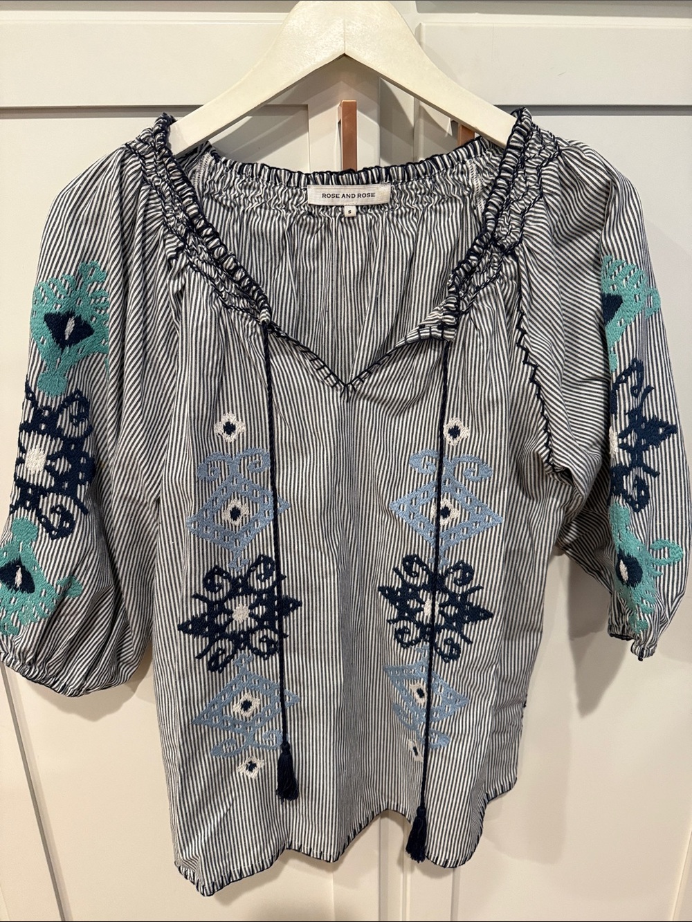 Rose and Rose Navy Striped Embroidered Peasant Top